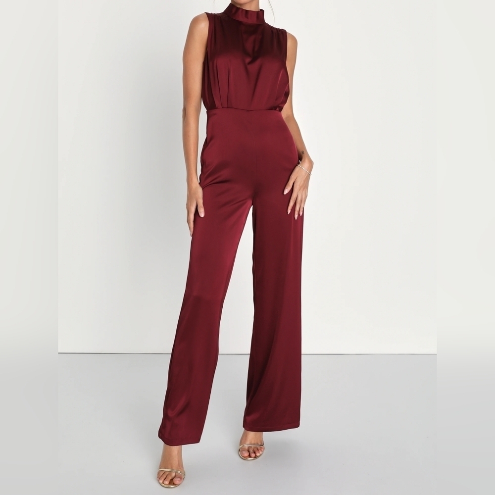 Lulus Classic Elegance Wine Red Satin Sleeveless Mock Neck Jumpsuit, Size Small